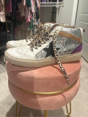 Leopard Accent Silver Glitter High-Top Sneakers - Women